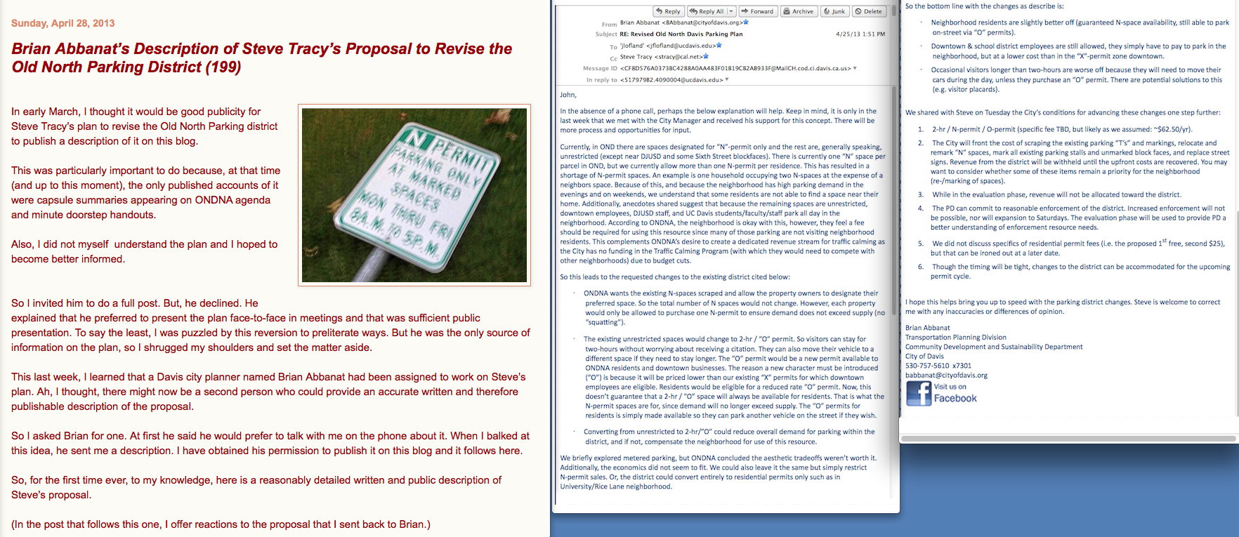 April 28. 2013. ONDNA Pres Refuses to Publish Proposed Parking Plan, City Planner Does It Instead