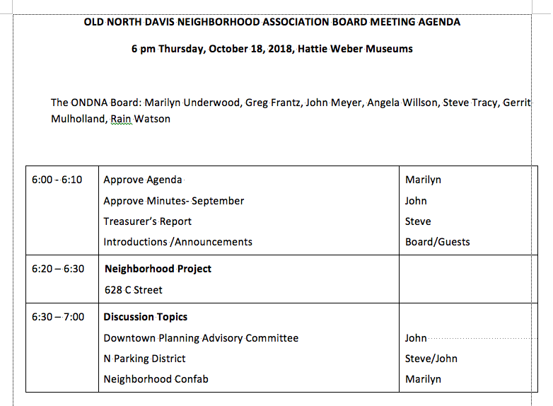 Agenda, October 18, 2018 ONDNA Board Meeting