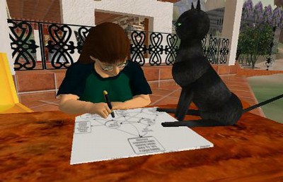 Vicki working on her dissertation with her kitty Noir in Second Life